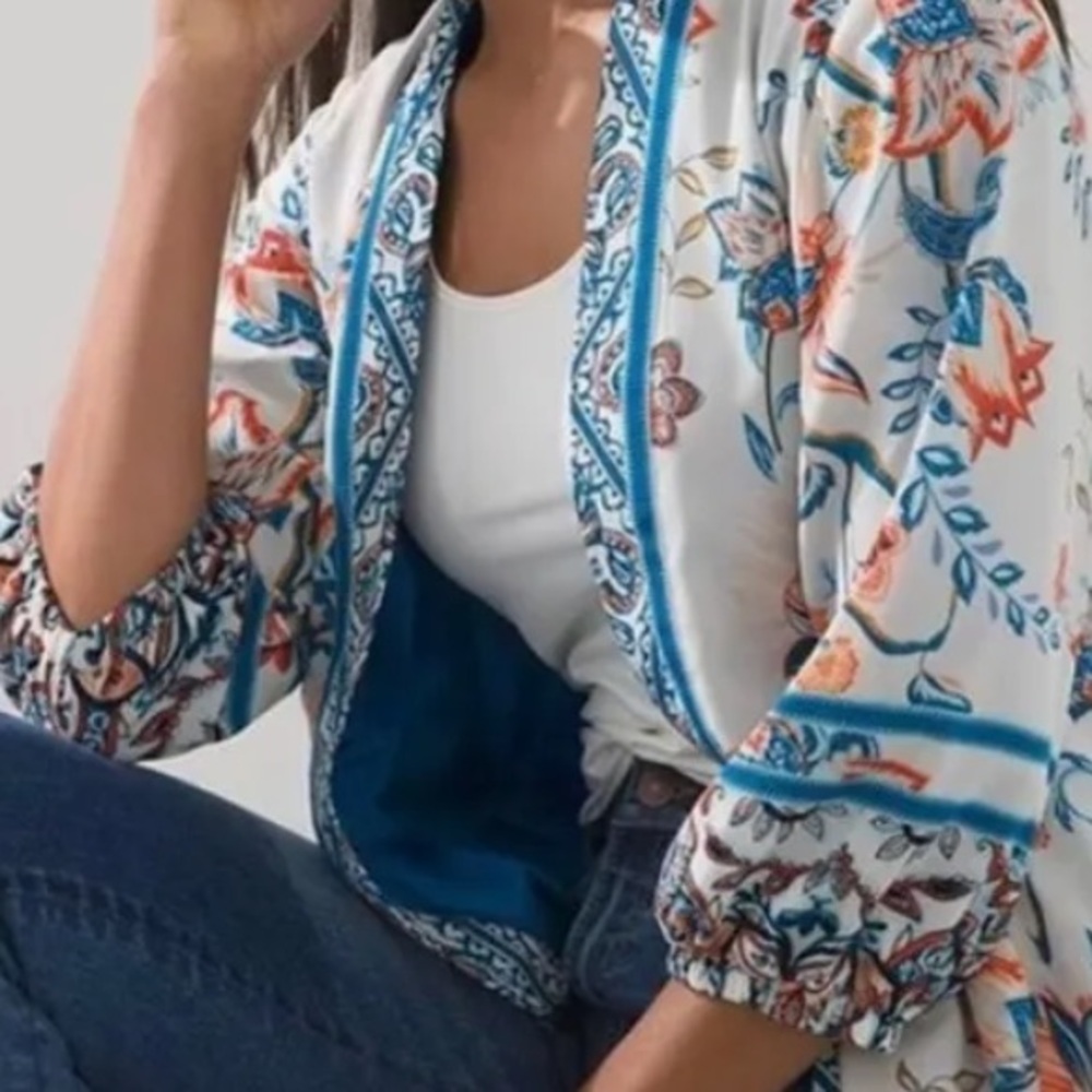 Kimono Jacket Rising Bloom Patch work Trim accents fully lined - Small 4/6 - Picture 3 of 6
